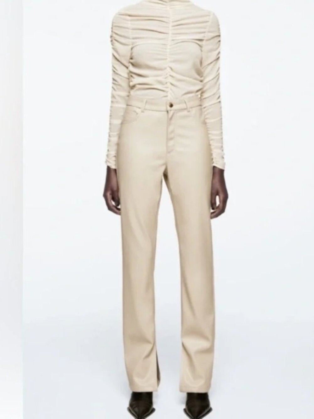 Zara Cream Faux Vegan Leather Flare Leg High Waisted Pants 4